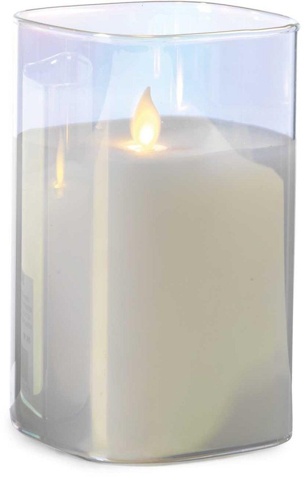 Candela Quadretto Vetro Iridescente a Luce Calda Effetto Fiamma