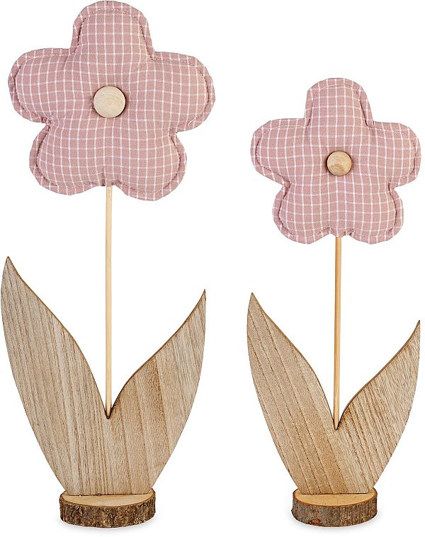 Set Fiori in Tessuto Imbottito Rosa con Foglie e Base Legno