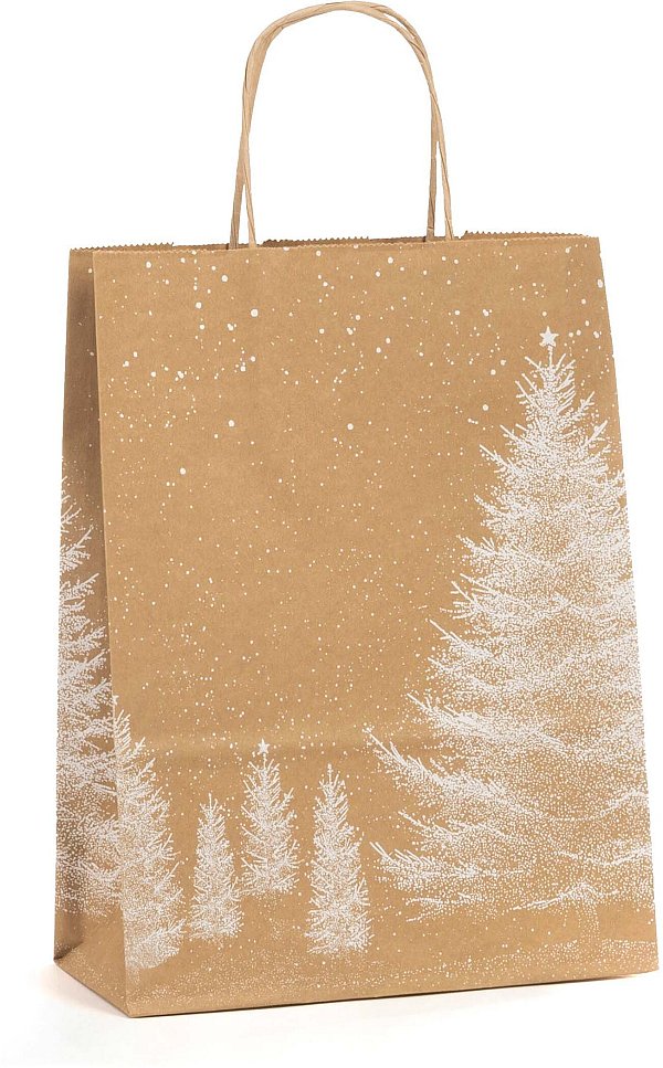Shopper Carta Kraft Avana Bianco Natale con Maniglia Intrecciata