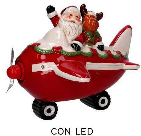 Babbo Natale in Ceramica su Aereo Rosso con Led e Musica